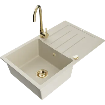 Mexen Bruno granitový dřez 1-komorový s odkapávačem a kuchyňskou baterií Telma, béžový - 6513-69-670200-50 Granitové dřezy s baterií