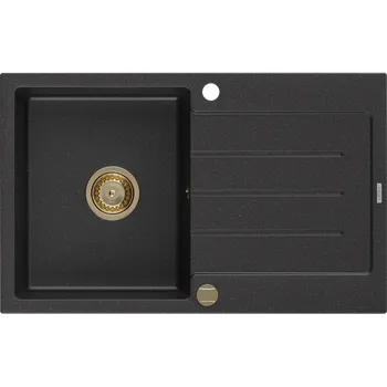 Granitový dřez Mexen Bruno granitový dřez 1-komorový s odkapávačem 795 x 495 mm, černý/stříbrný metalik, zlatý sifon - 6513791010-73-G Granitové dřezy