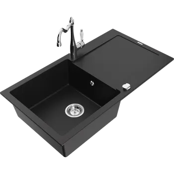 Granitový dřez Mexen Leo granitový dřez jednodřezový s odkapávačem a kuchyňskou baterií Carla, černý - 6501-77-670700-00 Granitové dřezy s baterií
