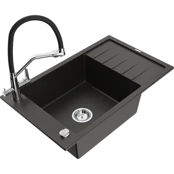 Granitový dřez Mexen Elias granitový dřez s 1 komorou a odkapávačem a kuchyňskou baterií Duo, černý/zlatý metalický - 6511-75-671701-07 Granitové dřezy s baterií