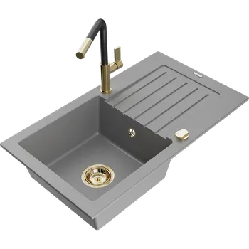 Granitový dřez Mexen Pablo granitový dřez 1-komorový s odkapávačem a kuchyňskou baterií Flora, šedý - 6510-71-670401-57-G Granitové dřezy s baterií