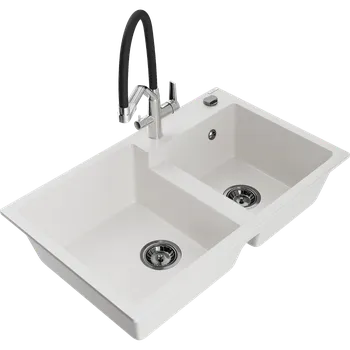 Granitový dřez Mexen Tomas granitový dřez dvoukomorový s kuchyňskou baterií Duo, bílý - 6516-20-671701-07-B Granitové dřezy s baterií