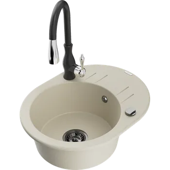 Granitový dřez Mexen Kevin granitový dřez 1-komorový s odkapávačem a kuchyňskou baterií Savita, béžový - 6517-69-672601-70 Granitové dřezy s baterií