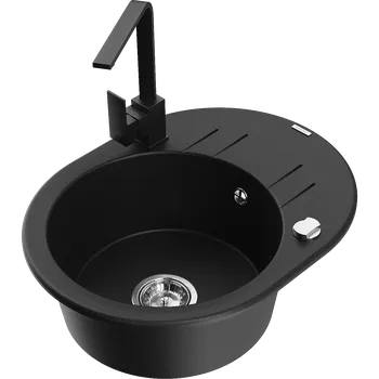 Granitový dřez Mexen Kevin granitový dřez 1-komorový s odkapávačem a kuchyňskou baterií Rita, černý - 6517-77-670300-70 Granitové dřezy s baterií