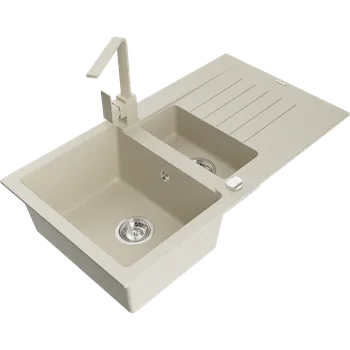 Granitový dřez Mexen Matias granitový dřez 1,5-komorový s odkapávačem a kuchyňskou baterií Rita, béžový - 6502-69-670300-69 Granitové dřezy s baterií