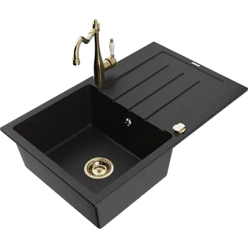 Granitový dřez Mexen Bruno granitový dřez 1-komorový s odkapávačem a kuchyňskou baterií Carla, černý - 6513-77-670700-50 Granitové dřezy s baterií