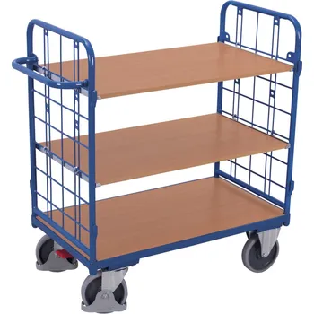 Variofit Policový vozík s madlem, mřížové bočnice, 3 police, Variofit, ložná plocha 100 x 70 cm, do 500 kg, modrá/antracit Barva: modrá RAL5010