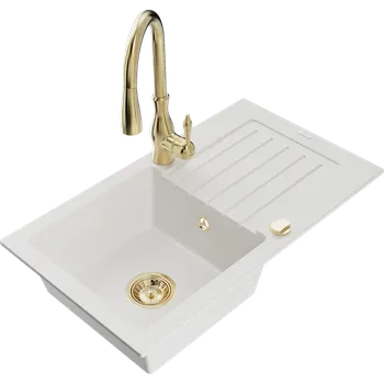 Granitový dřez Mexen Pablo granitový dřez 1-komorový s odkapávačem a kuchyňskou baterií Savita, bílá - 6510-20-672601-50 Granitové dřezy s baterií