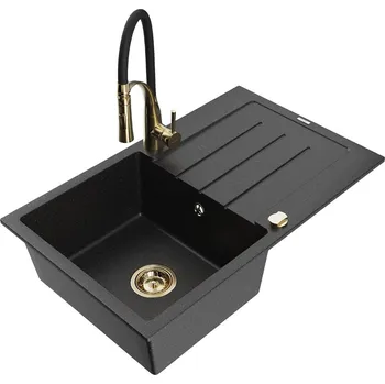 Granitový dřez MEXEN/S - Bruno granitový dřez s odkapávačem včetně baterie Aster, černá/stříbrná metalik 6513-73-73450-57-G