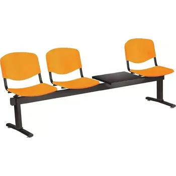 Zahradní lavice VINCENZA - 4 S, plastová lavice do čekárny, 3-sedák, stolek, meruňková, kostra černá