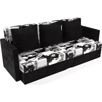 Pohovka Čalouněná rozkládací pohovka Karin vzorovaná s područkami - Comix BW/černá, Molitanová 12 cm, Bez taburetu