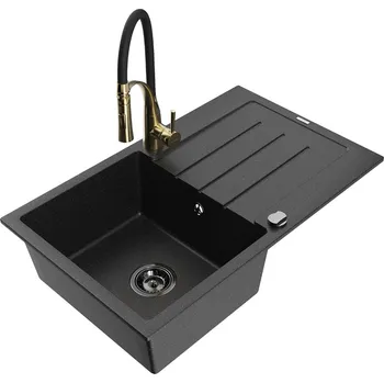 Granitový dřez MEXEN/S - Bruno granitový dřez s odkapávačem včetně baterie Aster, černá/stříbrná metalik 6513-73-73450-57-B
