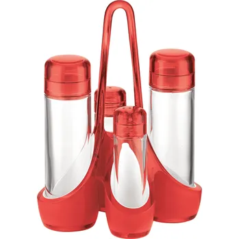 Nádoba na olej a ocet Guzzini, Dávkovače na olej a ocet Two-tone se slánkou a pepřenkou na stojanu červené 5 dílů - Formadore