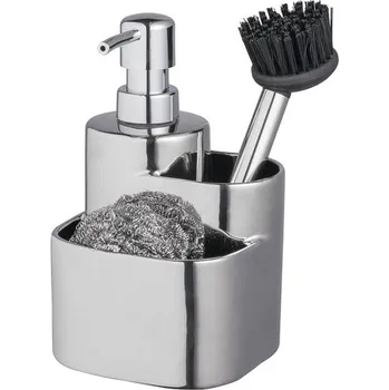 Držák na kartáček BISK Erga Basic, keramický kuchyňský organizér s dávkovačem saponátu 3ks, stříbrná, ERG-07673