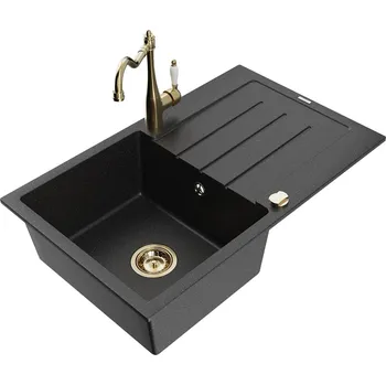 Granitový dřez MEXEN/S - Bruno granitový dřez 1-miska s odkapávačem včetně baterie Carla, černá/stříbrná metalik 6513-73-670700-50