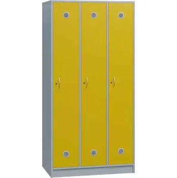 Šatní skříň STL - 180 - 90 šatní skříň dřevěná, 3-dveřová, šatní tyč, 1800x900x500, sokl, korpus šedá/dveře žlutá odio