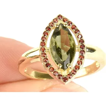 Prsten Vltavín a granáty prsten (vel.60) 14K Au 585/1000 5.24g