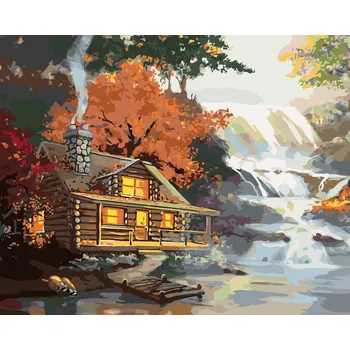 ZUTY Malování podle čísel - MÝVAL, CHATA A VODOPÁD (D. RUSTY RUST) Rozměr: 40x50 cm, Rámování: bez rámu a bez vypnutí plátna