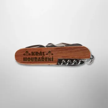 Žertovný předmět Král houbaření - dřevěný kapesní nůž s rytím