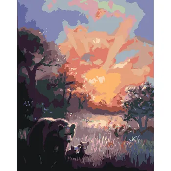 ZUTY Malování podle čísel - MEDVĚD S MEDVÍĎATY A ZÁPAD SLUNCE (D. RUSTY RUST) Rozměr: 40x50 cm, Rámování: bez rámu a bez vypnutí plátna
