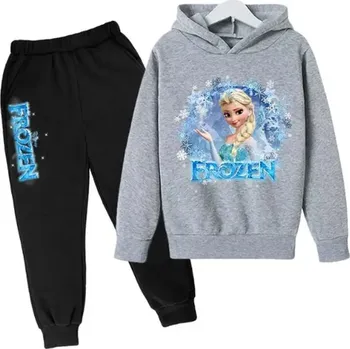 Frozen (Ledové království) Pohodlná dětská tepláková souprava s motivem Ledového království Barva: černé kalhoty + šedá mikina, Velikost: 100 (2-3 roky)