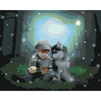 ZUTY Malování podle čísel - HUSKY A CHLAPEČEK V LESE Rozměr: 40x50 cm, Rámování: bez rámu a bez vypnutí plátna