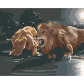 ZUTY Malování podle čísel - LEV A LVICE U NAPAJEDLA (D. RUSTY RUST) Rozměr: 40x50 cm, Rámování: bez rámu a bez vypnutí plátna