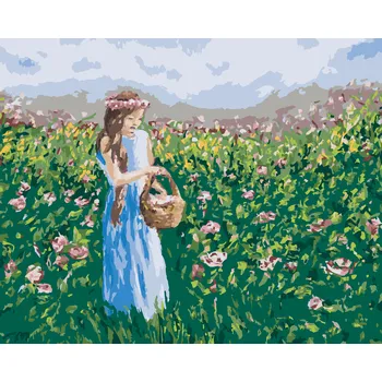 Hračka ZUTY Malování podle čísel - DÍVKA SBÍRAJÍCÍ KVĚTINY DO KOŠÍKU Rozměr: 40x50 cm, Rámování: bez rámu a bez vypnutí plátna