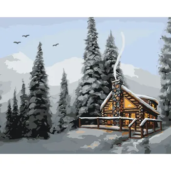 ZUTY Malování podle čísel - ZASNĚŽENÝ SRUB V LESE (D. RUSTY RUST) Rozměr: 40x50 cm, Rámování: bez rámu a bez vypnutí plátna