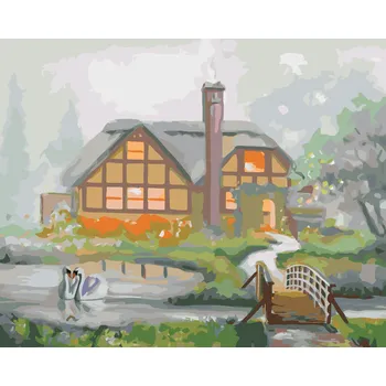 ZUTY Malování podle čísel - LABUTĚ A DŮM V MLZE (D. RUSTY RUST) Rozměr: 40x50 cm, Rámování: bez rámu a bez vypnutí plátna