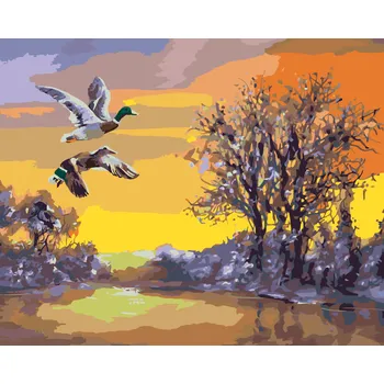 ZUTY Malování podle čísel - LETÍCÍ KACHNY NAD ŘEKOU V ZIMĚ (D. RUSTY RUST) Rozměr: 40x50 cm, Rámování: bez rámu a bez vypnutí plátna