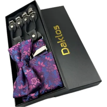 Kšandy Luxusní set fialový a lehce modrý květovaný vzor - Motýlek, kšandy (šle) a kapesníček v dárkovém balení