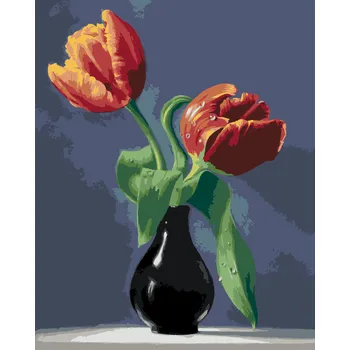 ZUTY Malování podle čísel - ZÁTIŠÍ TULIPÁNY V ČERNÉ VÁZE NA MRAMOROVÉ DESCE (PIETER WAGEMANS) Rozměr: 40x50 cm, Rámování: bez rámu a bez vypnutí plátna