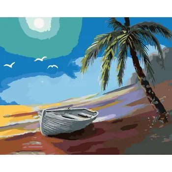 ZUTY Malování podle čísel - LOĎKA U POBŘEŽÍ A PALMA (D. RUSTY RUST) Rozměr: 40x50 cm, Rámování: bez rámu a bez vypnutí plátna