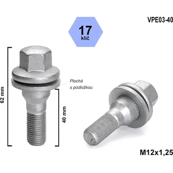 Šroubek na kolo Kolový šroub M12x1,25x40, VPE03-40, plochá podložka, CITROËN, FIAT, PEUGEOT, klíč 17, výška 62 mm