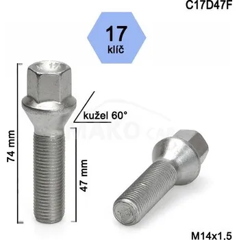 Šroubek na kolo Kolový šroub M14x1,25x47mm, dosedací plocha kužel, klíč 17, pozink (Šroub na kola)