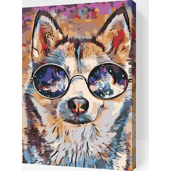 Malování podle čísel - Husky s brýlemi Velikost: 40x60cm, Rámování: Pouze srolované plátno