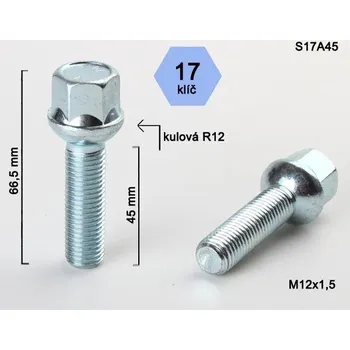 Šroubek na kolo Kolový šroub M12x1,5x45mm, dosedací plocha koule R12, klíč 17, pozink (Šroub na kola)