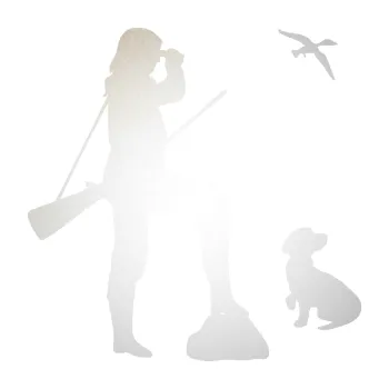 Polep vozidla SAMOLEPKA Lov 003 pravá myslivkyně se psem (82 - odrazková reflexní bílá) NA AUTO, NÁLEPKA, FÓLIE, POLEP, TUNING, VLASTNÍ TEXT, TISK, AUTOSAMOLEPKY.cz, POLEPY, OBRÁZEK, LOGO, SAMOLEPKY