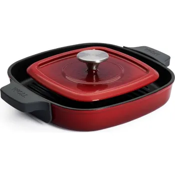 Hrnec Litinová grilovací pánev s drážkami a lisem na steaky 24 x 24 cm, červená - WOLL (IRON IND grilovací pánev s poklici 24x24x4,5 cm červená - WOLL)