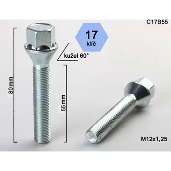 Šroubek na kolo Kolový šroub M12x1,25x55mm, dosedací plocha kužel, klíč 17, pozink (Šroub na kola)