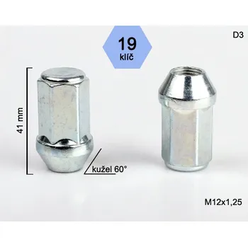 Matice na kolo Kolová matice M12x1,25mm, kužel, zavřená prodloužená, klíč 19, pozink (Matice na kola)