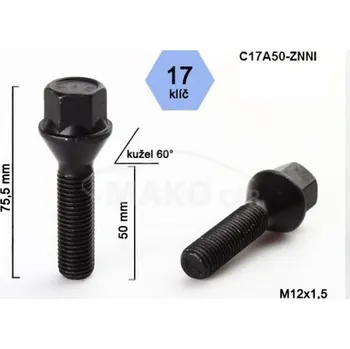 Šroubek na kolo Kolový šroub M12x1,5x50mm, dosedací plocha kužel, klíč 17, černý (Šroub na kola)
