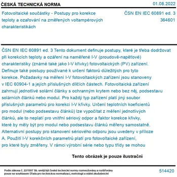 ČSN EN IEC 60891 ed. 3 - Fotovoltaické součástky - Postupy pro korekce teploty a ozařování na změřených voltampérových charakteristikách - Tisk
