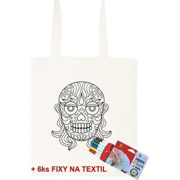 Antistresové omalovánky Taška k vymalování Lebka + 6ks Fixy na textil