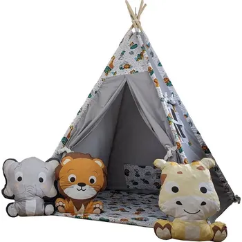 Dětský stan MAXMAX Dětský stan TEEPEE (TÝPÍ) ANIMALS s doplňky - JUNGLE - šedý 120x120x160 cm Šedá