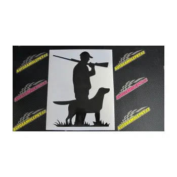 Samolepící dekorace SAMOLEPKA Myslivec 005 pravá se psem na lovu (17 - šedá) NA AUTO, NÁLEPKA, FÓLIE, POLEP, TUNING, VLASTNÍ TEXT, TISK, AUTOSAMOLEPKY.cz, POLEPY, OBRÁZEK, LOGO, SAMOLEPKY