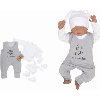 Kojenecká souprava Kojenecká 5-dílná soupravička bavlna - HI I´M NEW HERE bílo-šedá - vel.62