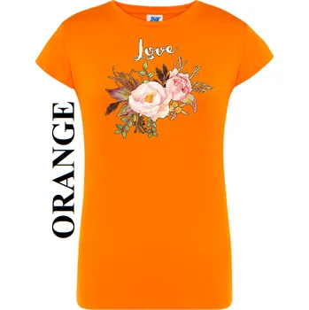 Dámské tričko levne-divci-tricko-potisk-kvetiny-love Barva: Orange - oranžová, Výstřih: Kulatý výstřih kolem krku, EU dámská velikost: eu 34/36 (dívčí prodloužená 122) viz tabulka velikostí