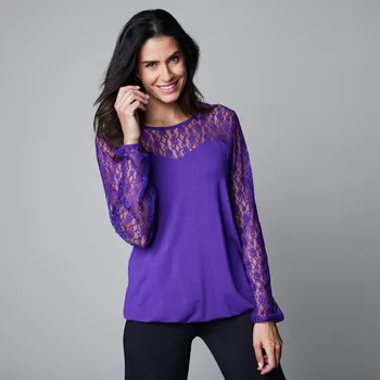Dámské tričko Tričko s krajkovou vsadkou, dlouhé rukávy fialová 42/44